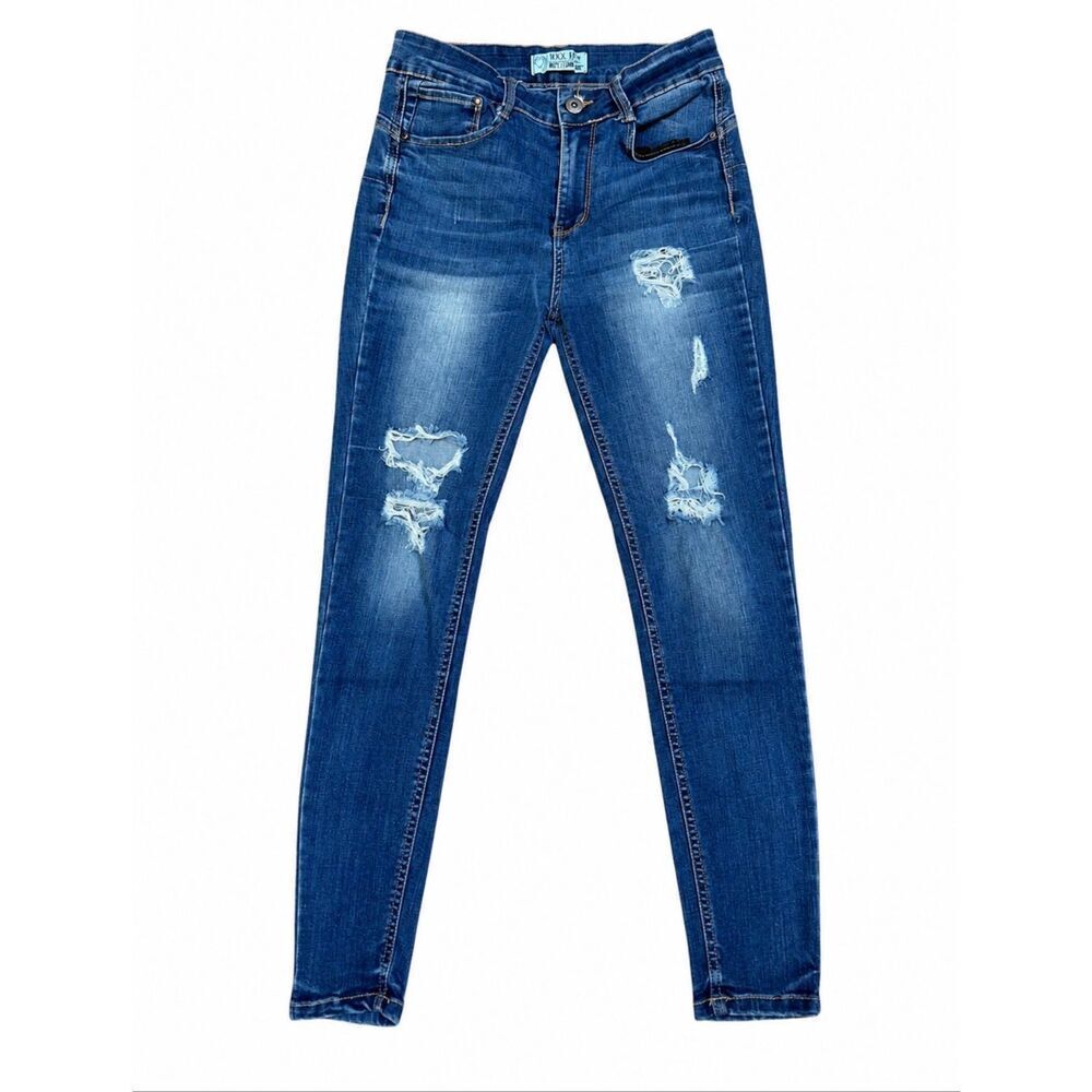 Wax Jean Distressed Skinny Jeans Medium Wash Stretch Denim Juniors SZ 5